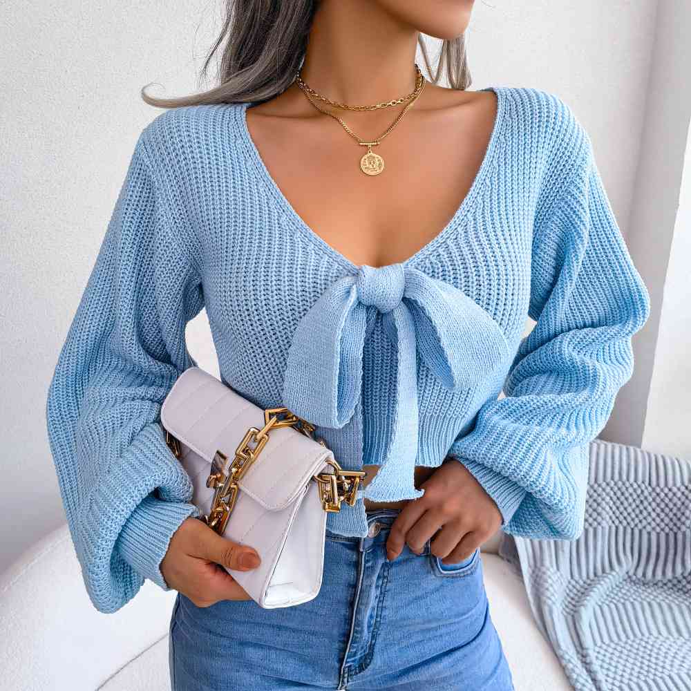 Tie-Front Rib-Knit Cropped Sweater - Deals DejaVu