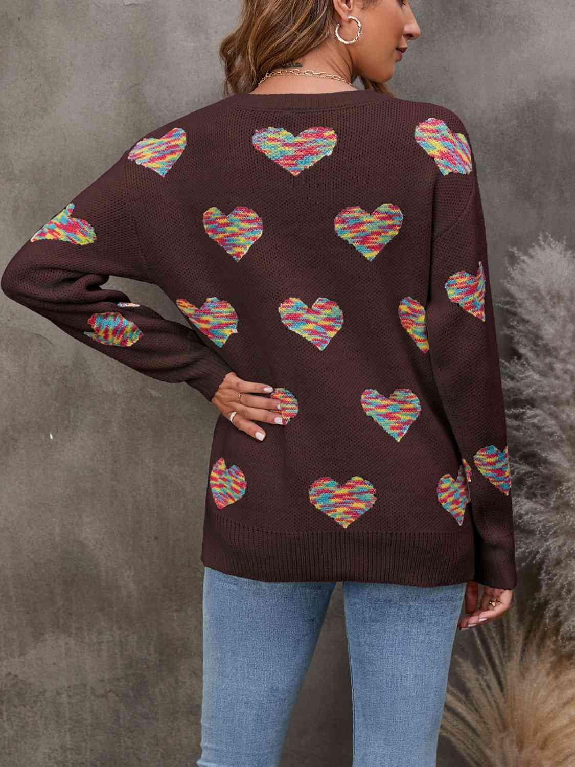 Heart Round Neck Ribbed Trim Sweater - Deals DejaVu