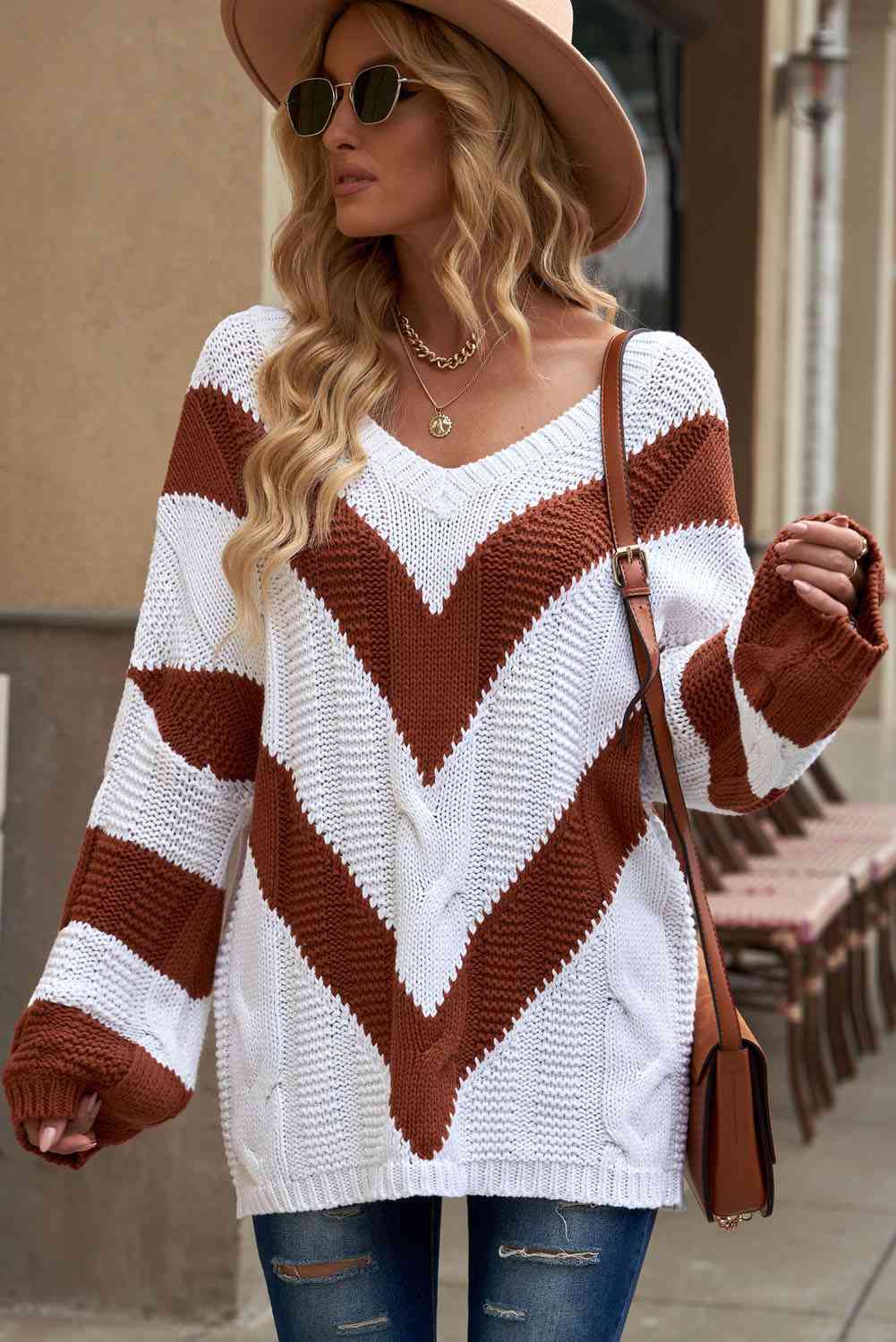 Woven Right Chevron Cable-Knit V-Neck Tunic Sweater