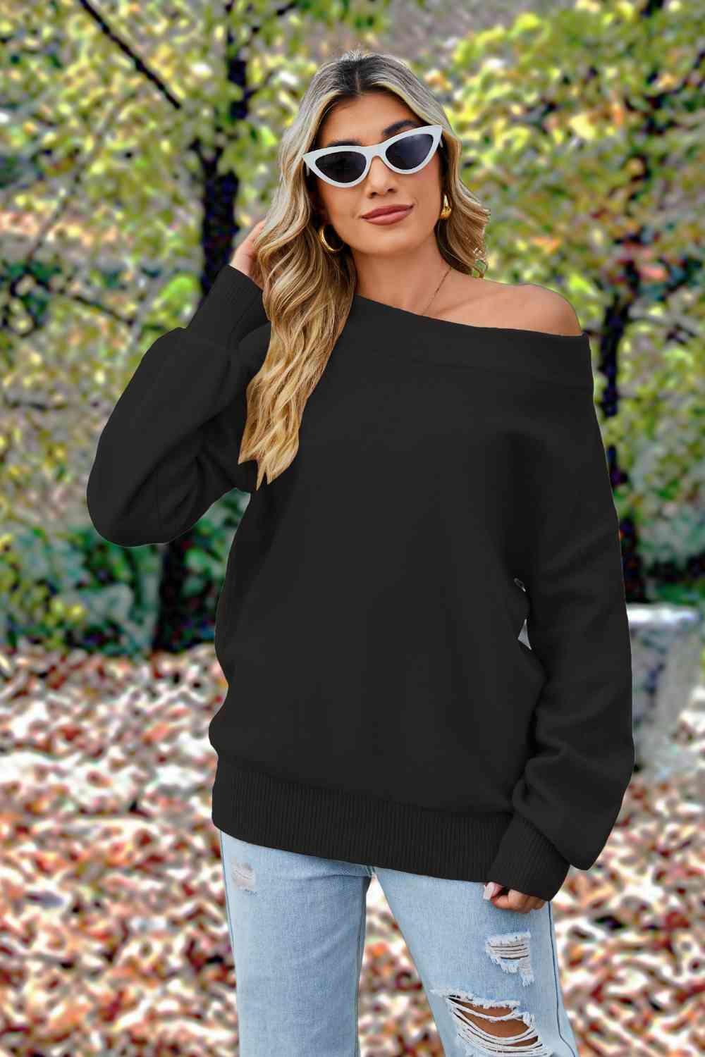 Off-Shoulder Dropped Shoulder Sweater - Deals DejaVu