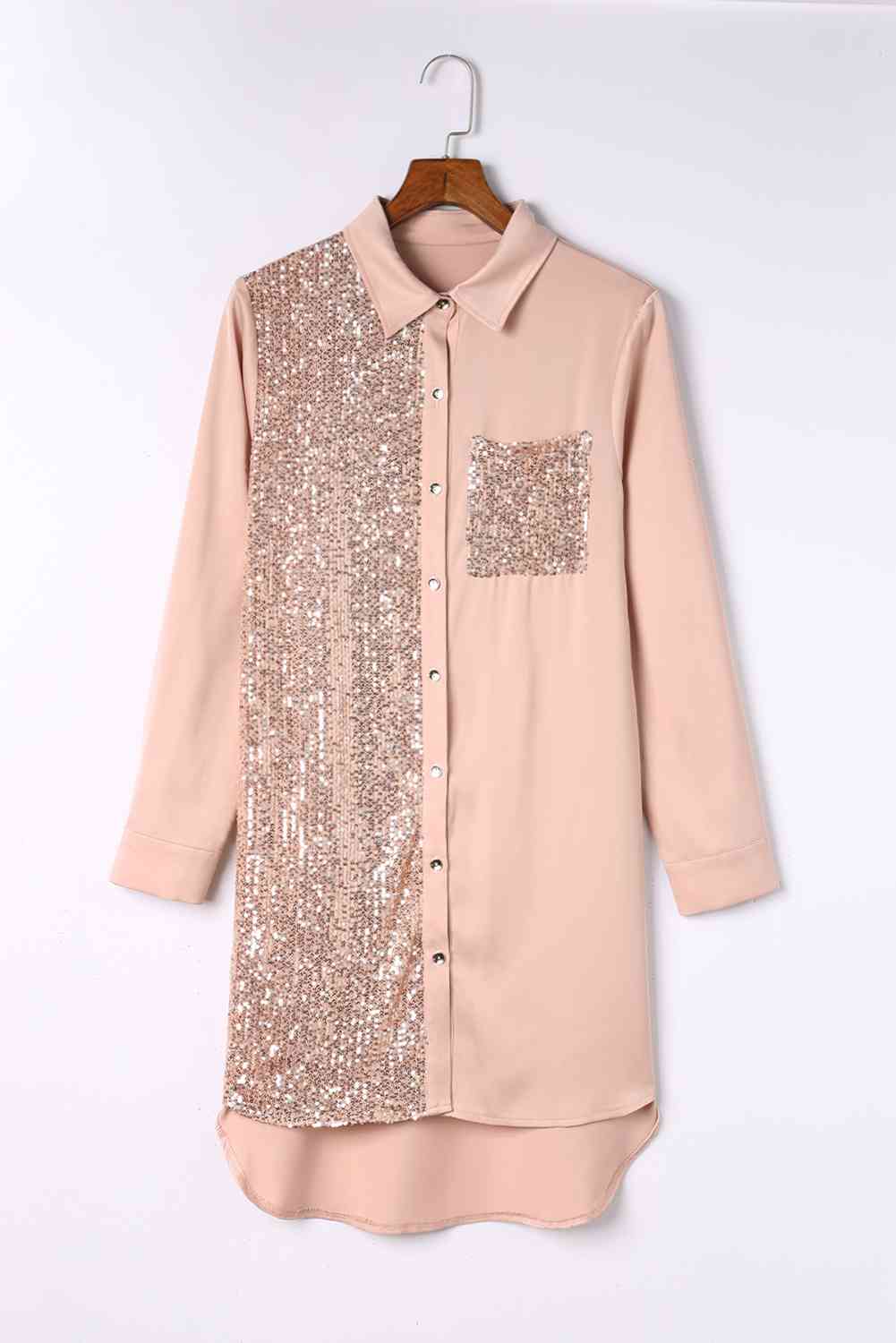 Sequin Button Front High-Low Shirt Dress (MWBT) T - Deals DejaVu