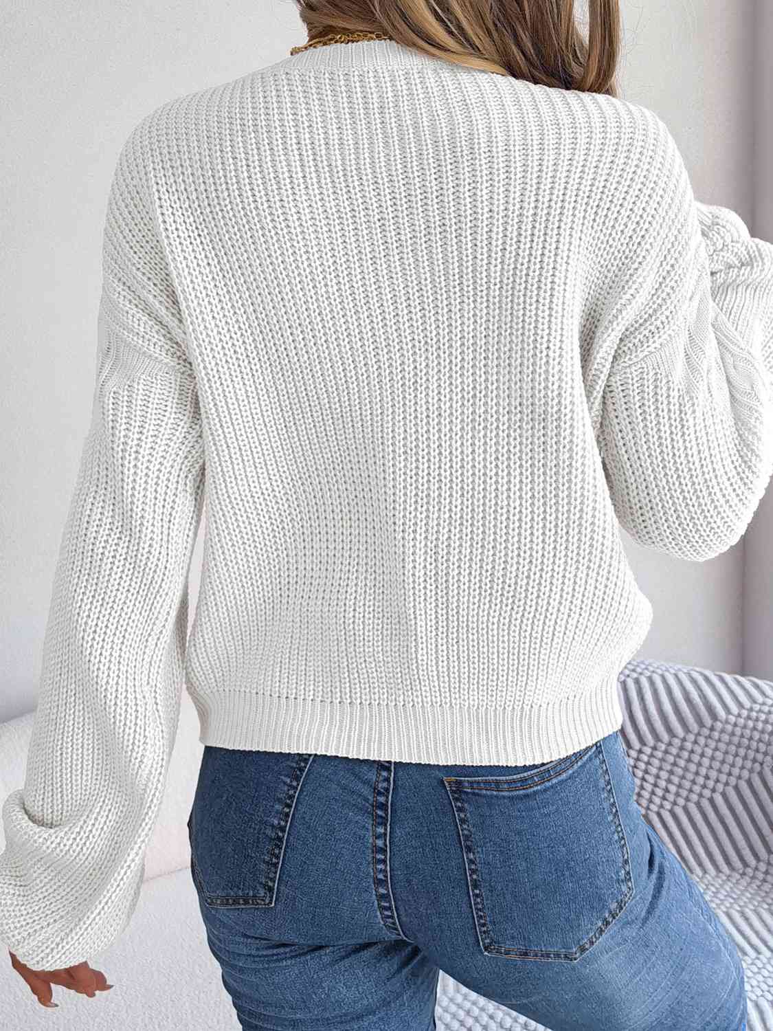 Cable-Knit Round Neck Drop Shoulder Sweater - Deals DejaVu