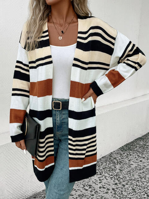 Striped Open Front Drop Shoulder Cardigan - Deals DejaVu