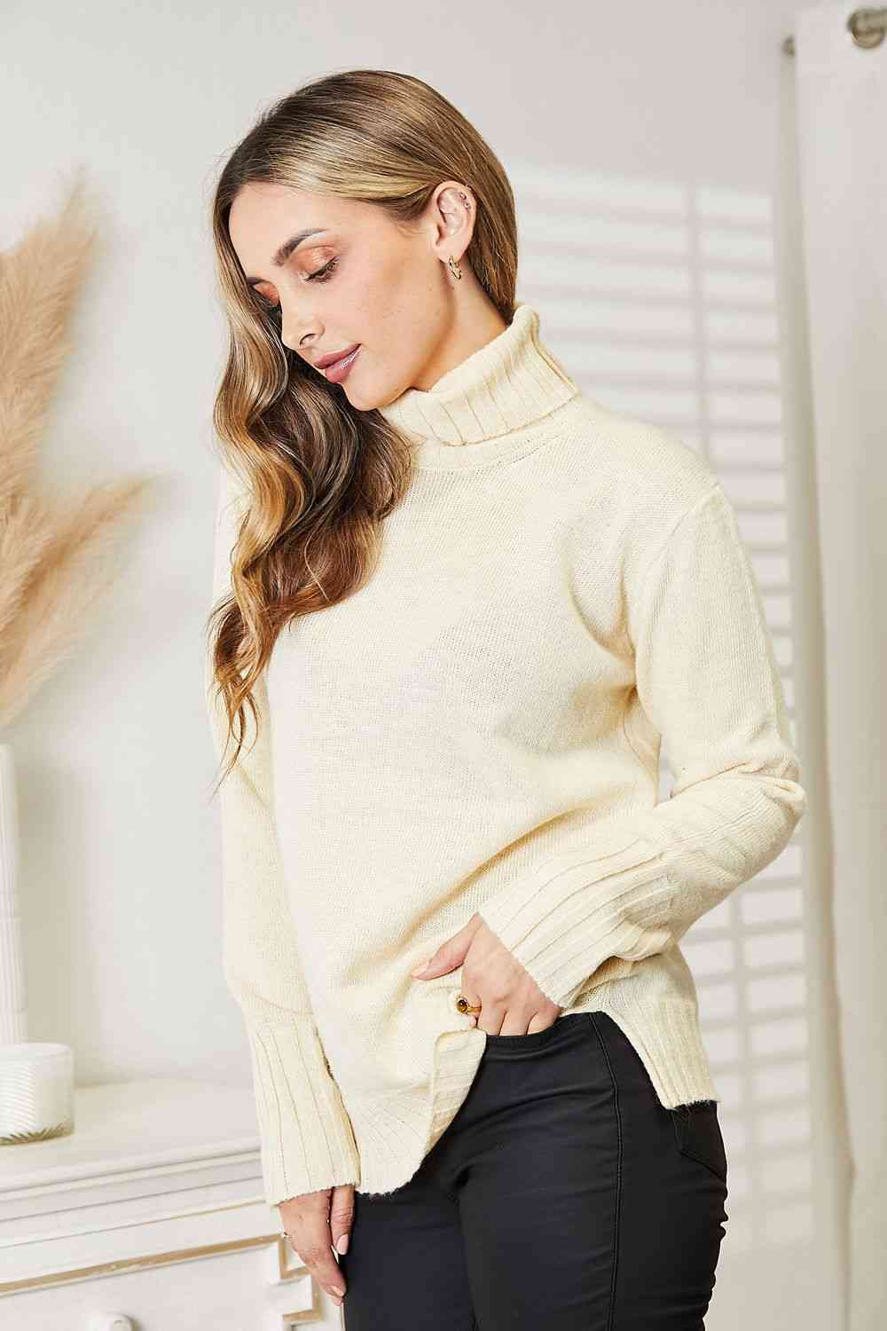 Heimish Full Size Long Sleeve Turtleneck Sweater with Side Slit - Deals DejaVu