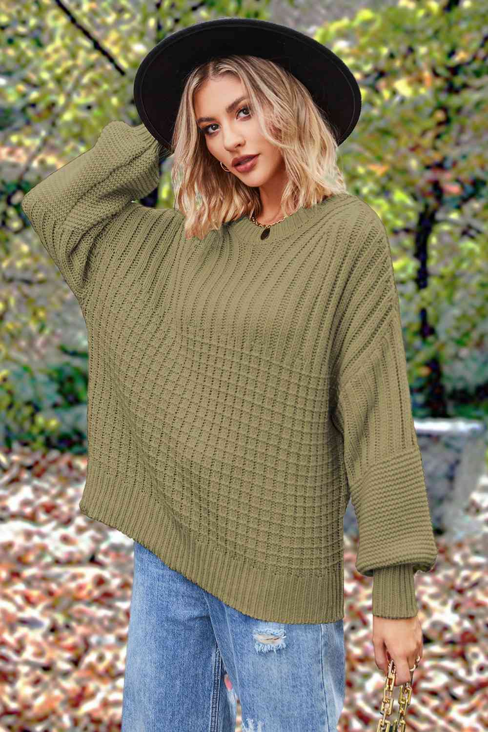 Round Neck Lantern Sleeve Sweater