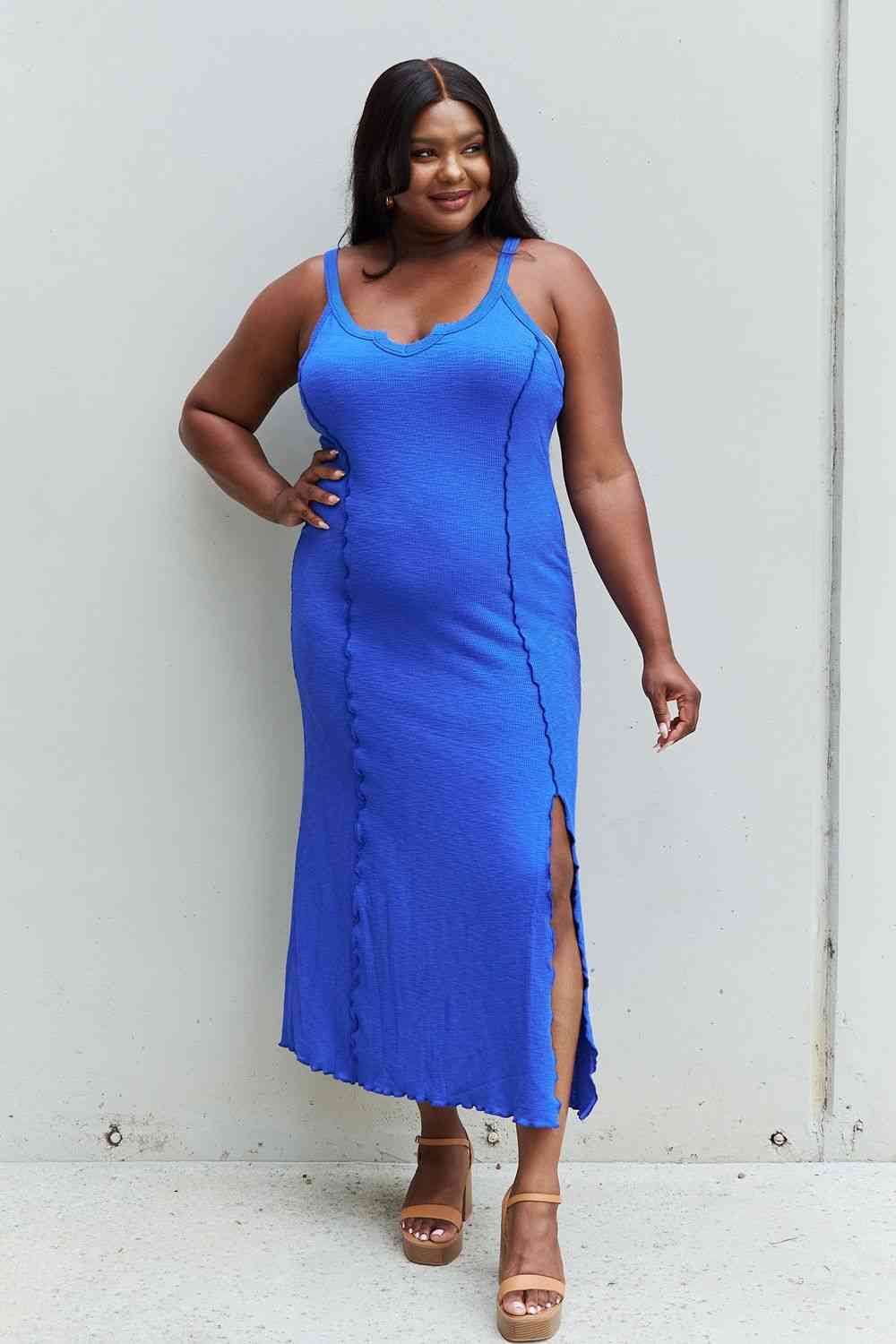 Culture Code Look At Me Full Size Notch Neck Maxi Dress with Slit in Cobalt Blue (BWMT) T - Deals DejaVu