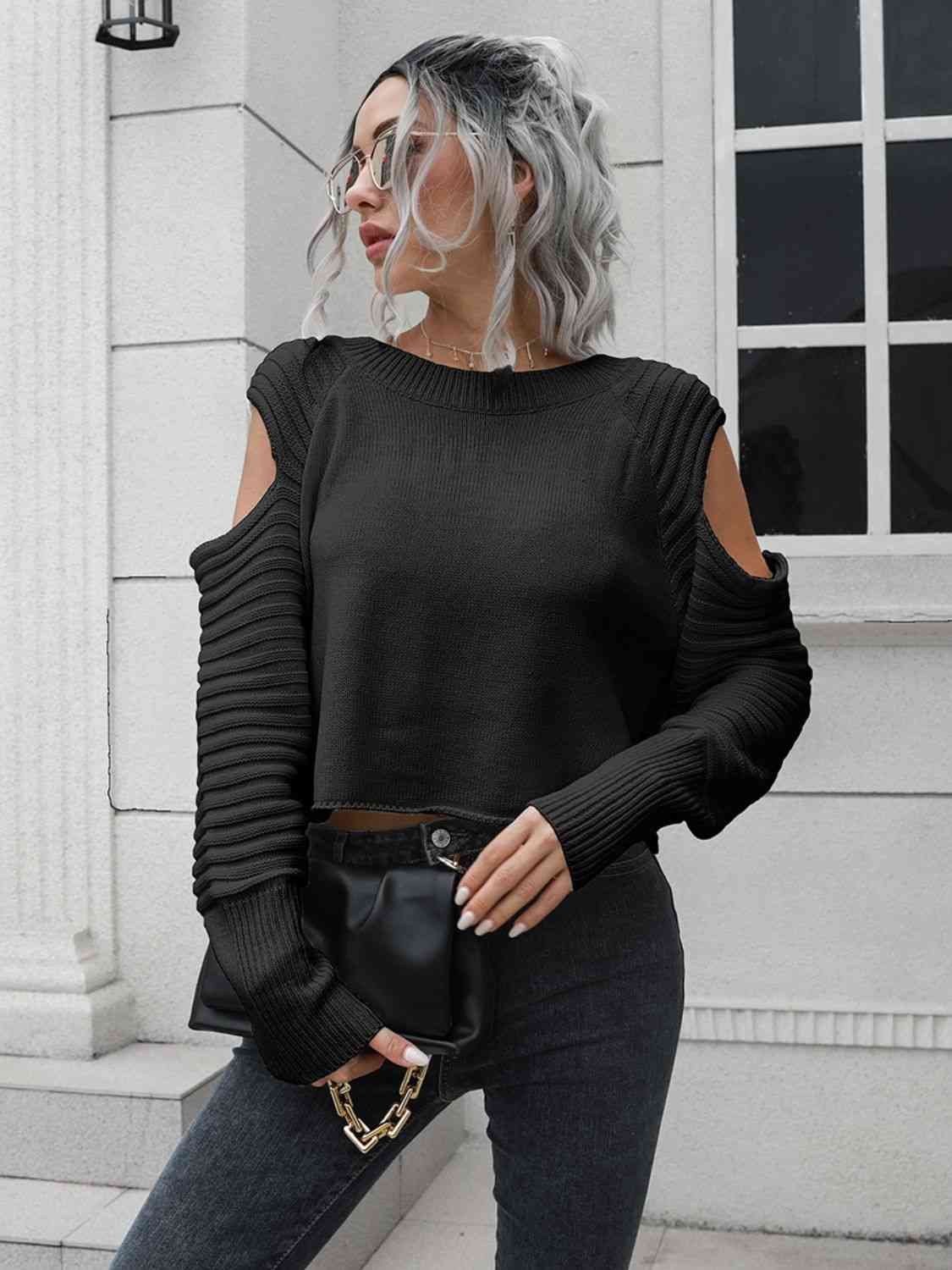 Cold-Shoulder Ribbed Trim Sweater - Deals DejaVu