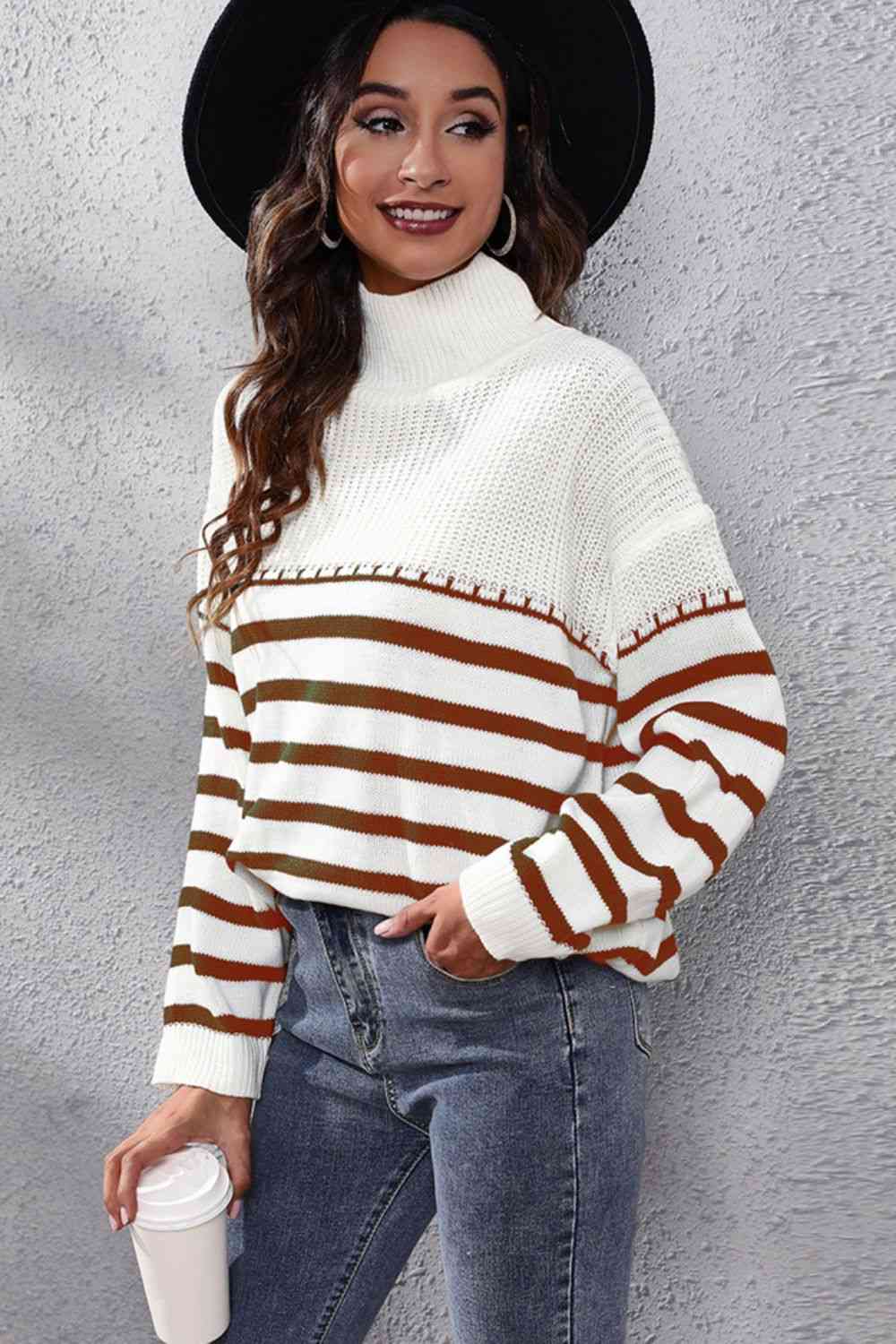 Striped Turtleneck Drop Shoulder Sweater - Deals DejaVu