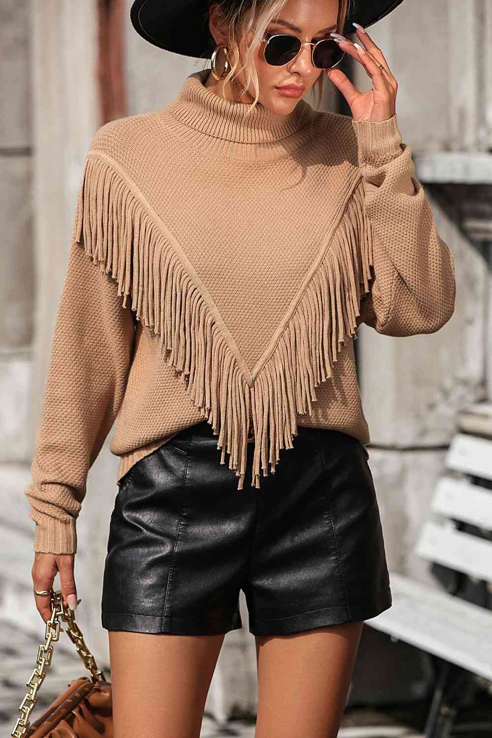 Turtle Neck Tassel Front Long Sleeve Pullover Sweater - Deals DejaVu