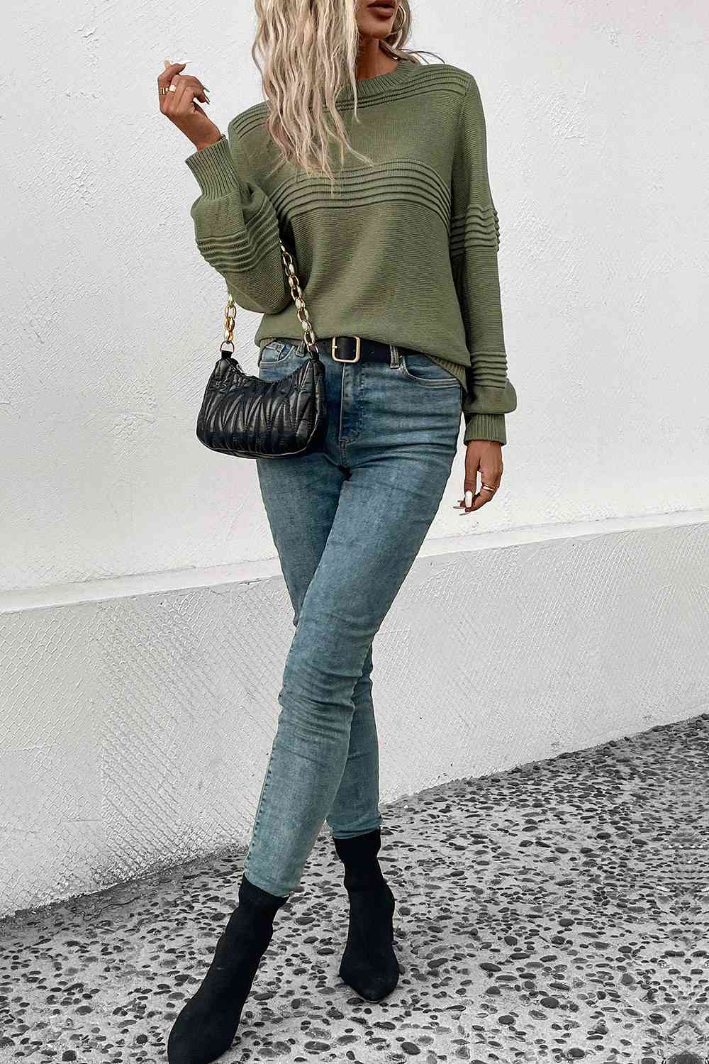 Round Neck Long Sleeve Sweater - Deals DejaVu