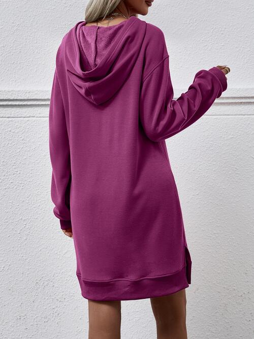 Slit Long Sleeve Hooded Dress with Pocket (MWBT) T - Deals DejaVu