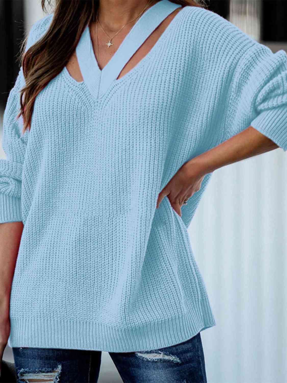 Full Size Cutout V-Neck Rib-Knit Sweater - Deals DejaVu