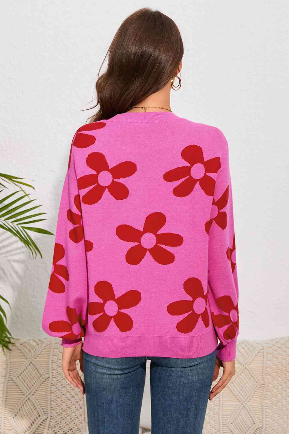 Floral Print Round Neck Dropped Shoulder Sweater - Deals DejaVu