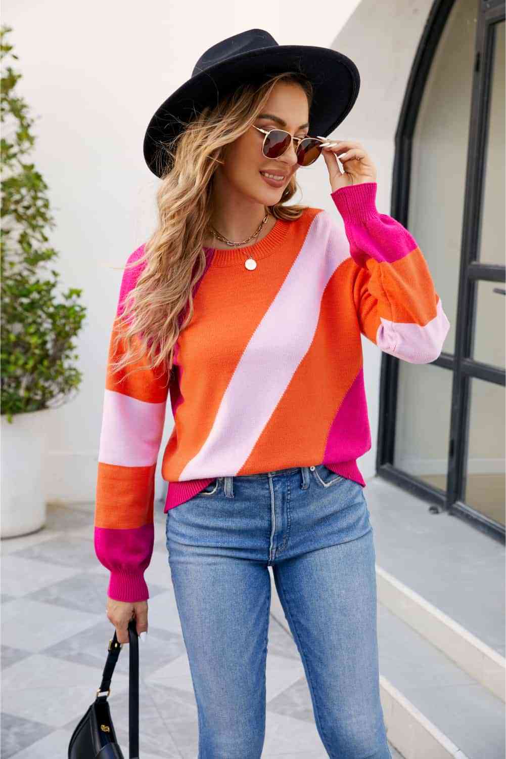 Color Block Ribbed Round Neck Sweater - Deals DejaVu