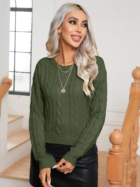 Cable-Knit Round Neck Long Sleeve Sweater - Deals DejaVu