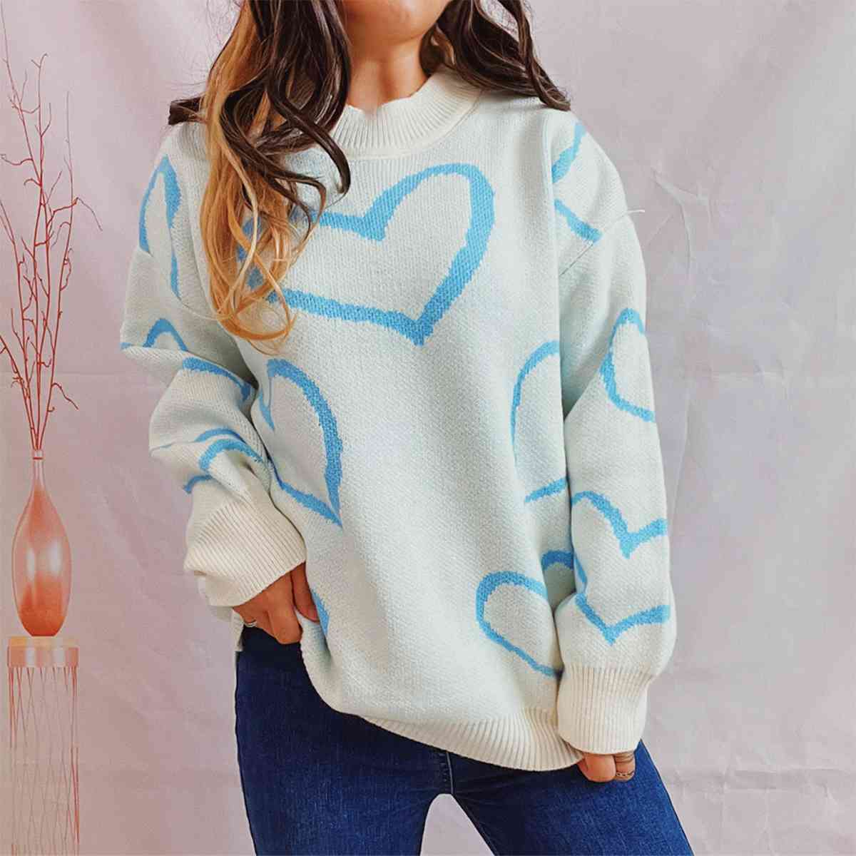 Heart Pattern Long Sleeve Sweater - Deals DejaVu