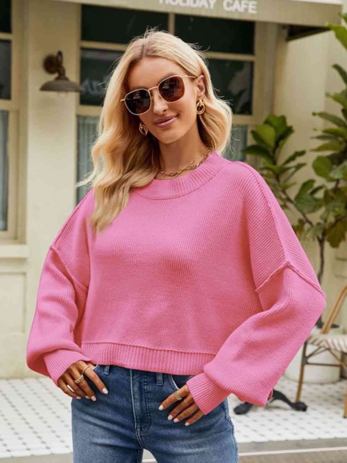 Round Neck Dropped Shoulder Sweater - Deals DejaVu