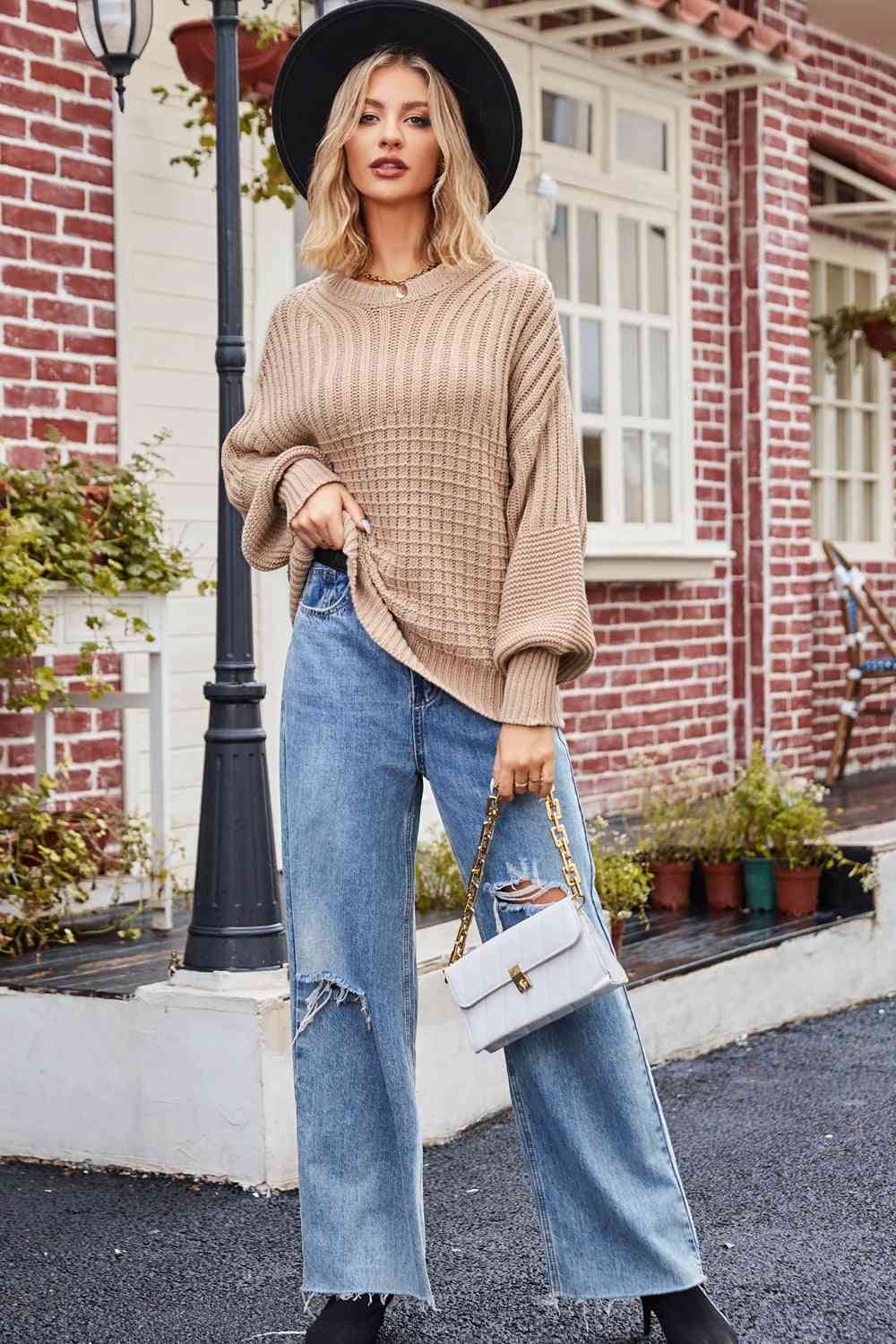 Round Neck Dropped Shoulder Sweater - Deals DejaVu