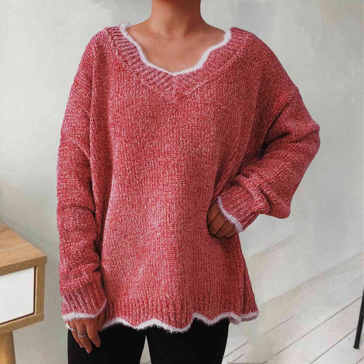 V-Neck Drop Shoulder Long Sleeve Sweater - Deals DejaVu