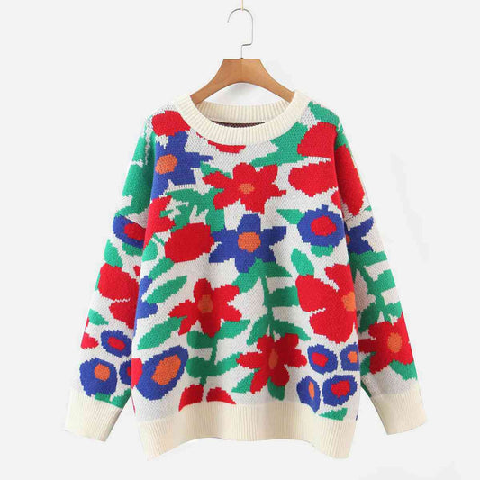 Floral Round Neck Drop Shoulder Sweater - Deals DejaVu