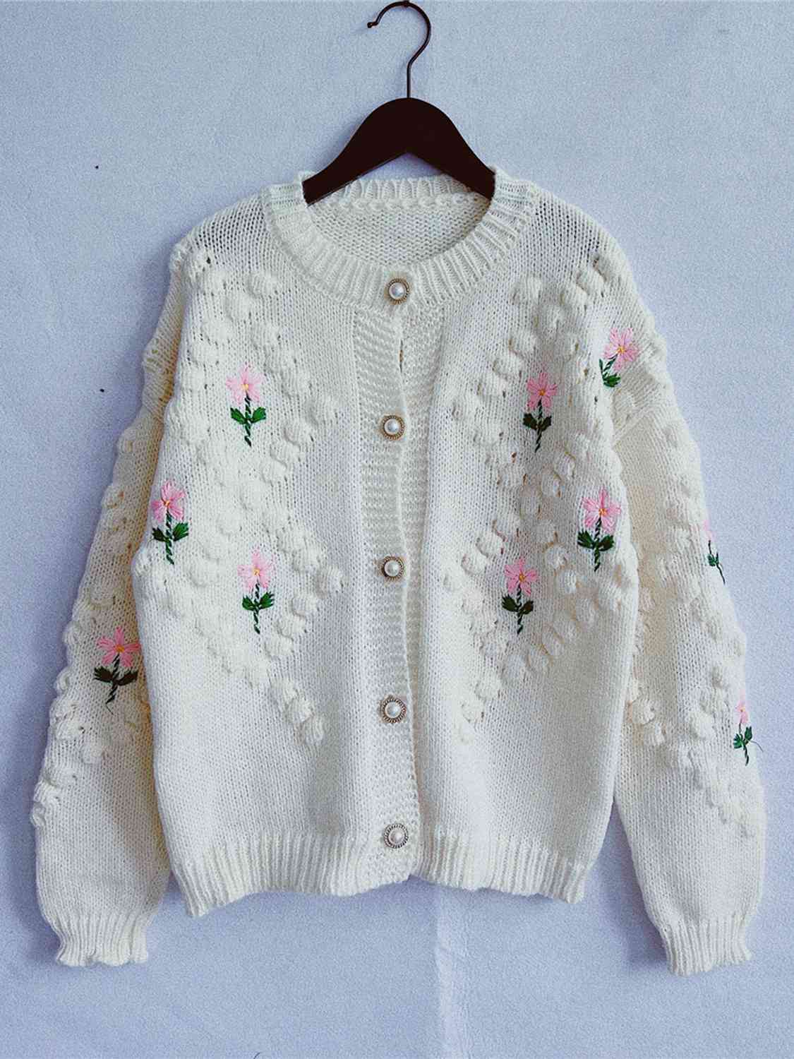 Floral Button Up Round Neck Long Sleeve Cardigan - Deals DejaVu