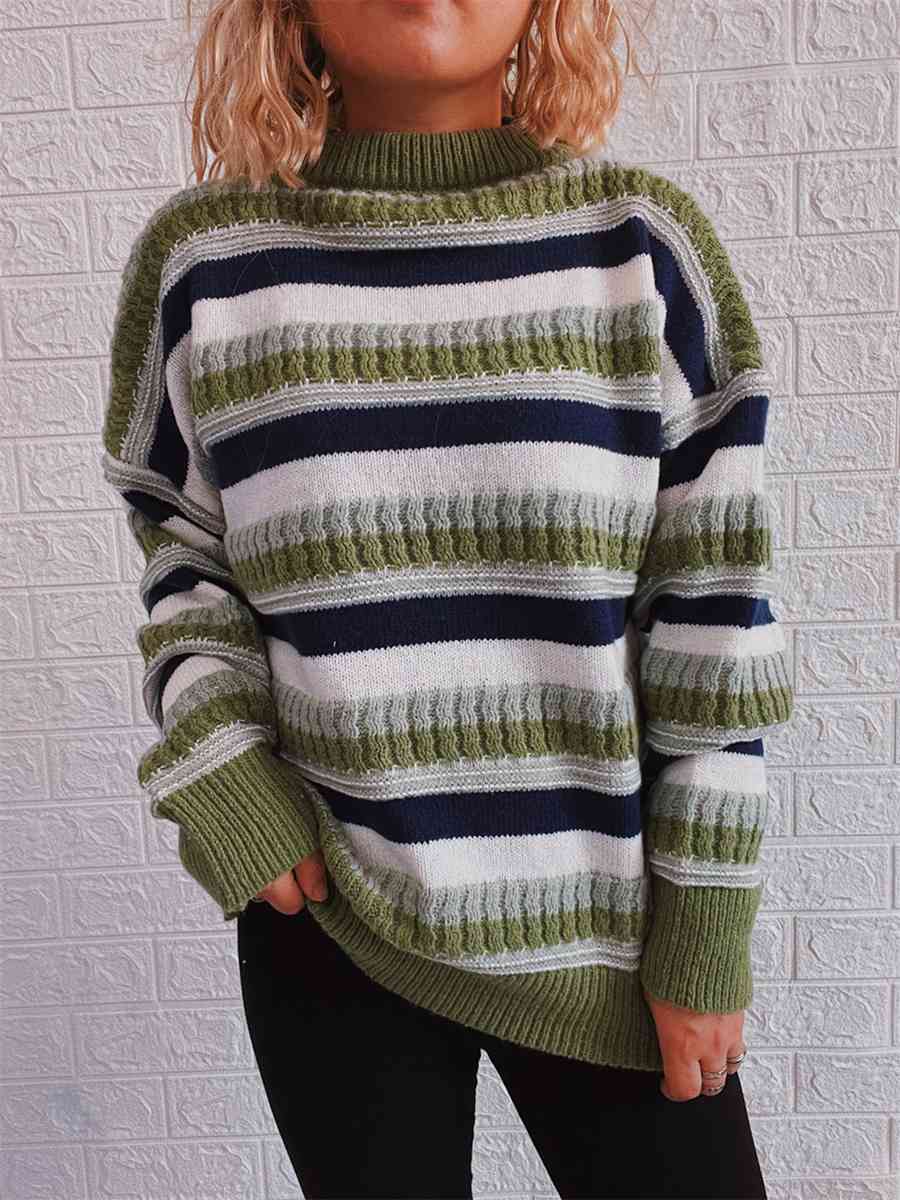 Striped Drop Shoulder Round Neck Sweater - Deals DejaVu