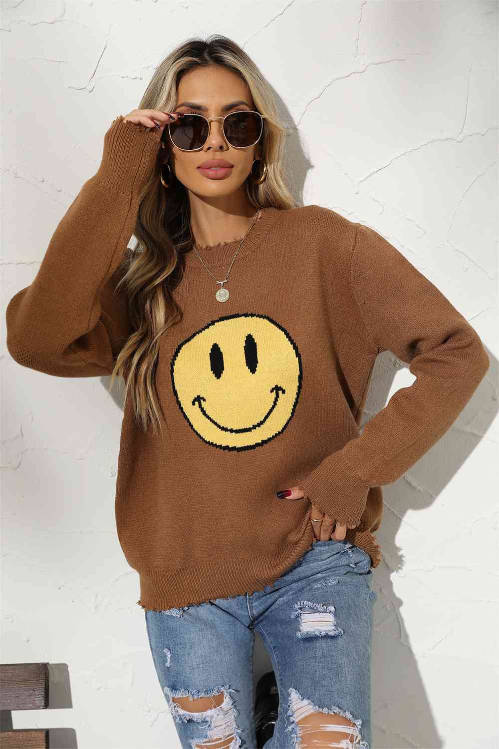 Round Neck Long Sleeve Smily Face Graphic Sweater (BFD) T - Deals DejaVu