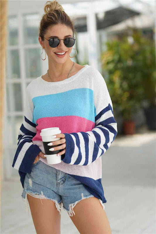 Striped Ribbed Trim Bell Sleeve Sweater - Deals DejaVu