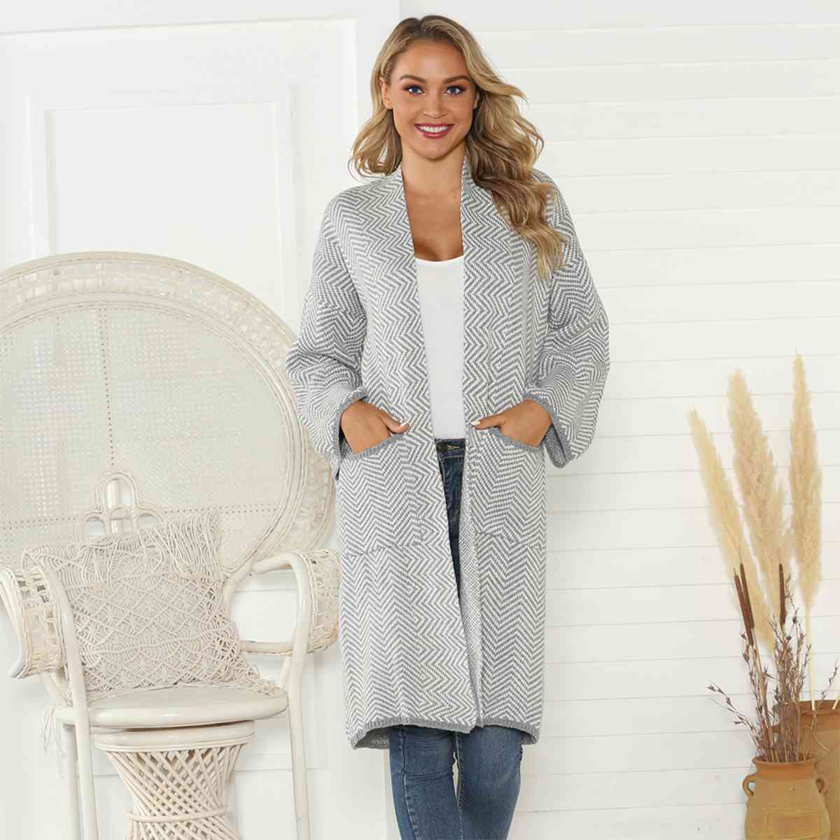 Geometric Open Front Cardigan with Pockets