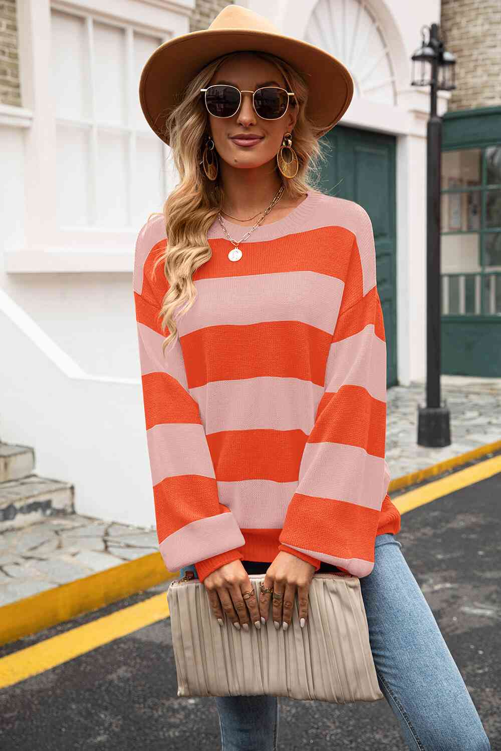 Striped Balloon Sleeve Knit Pullover - Deals DejaVu