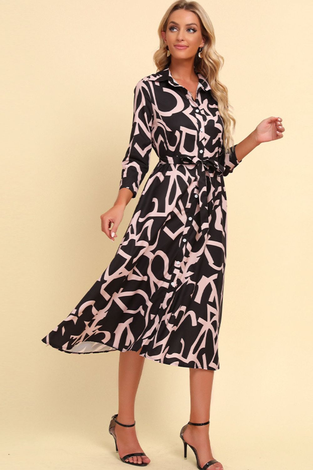 Printed Button Front Belted Midi Dress (BWD)(WS06)T - Deals DejaVu