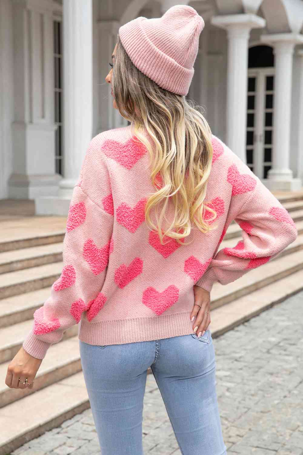 Round Neck Dropped Shoulder Sweater with Heart Pattern - Deals DejaVu