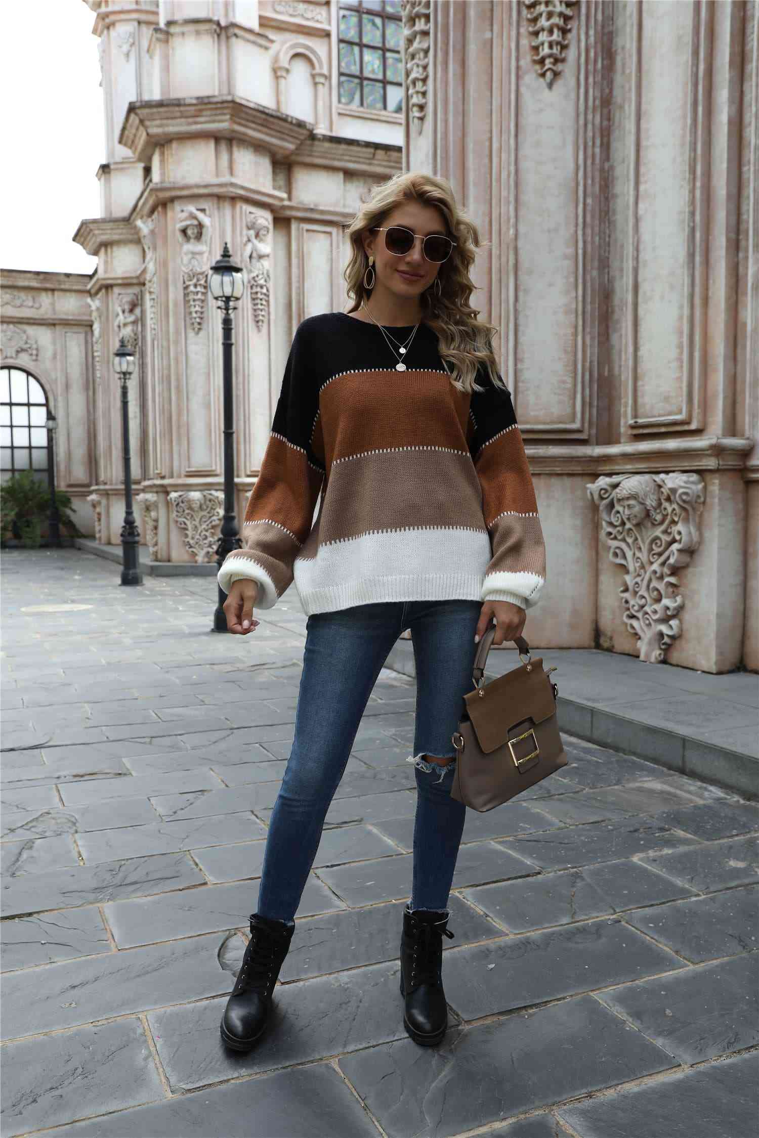 Color Block Round Neck Sweater - Deals DejaVu