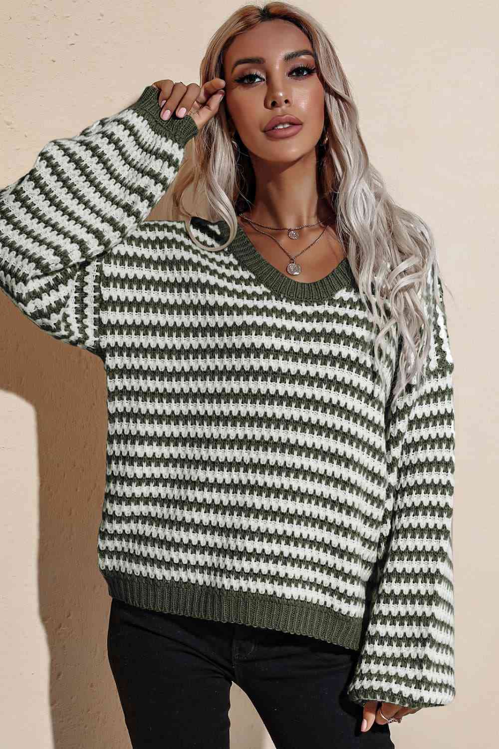 Striped Dropped Shoulder Sweater - Deals DejaVu