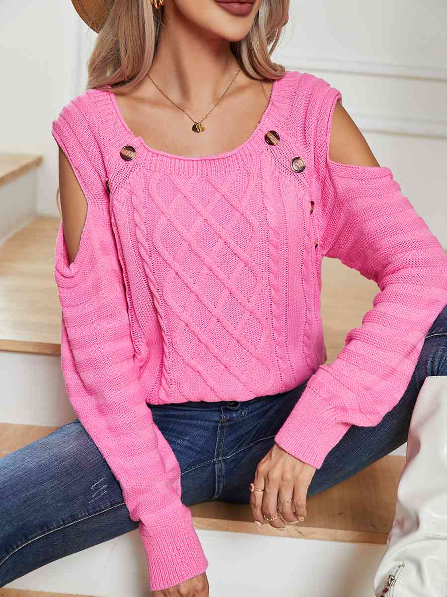 Decorative Button Cold-Shoulder Sweater - Deals DejaVu