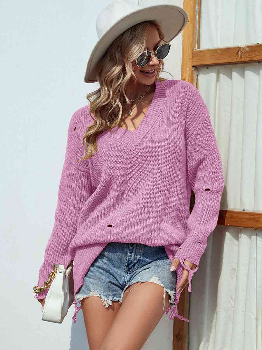 Distressed V-Neck Drop Shoulder Sweater - Deals DejaVu