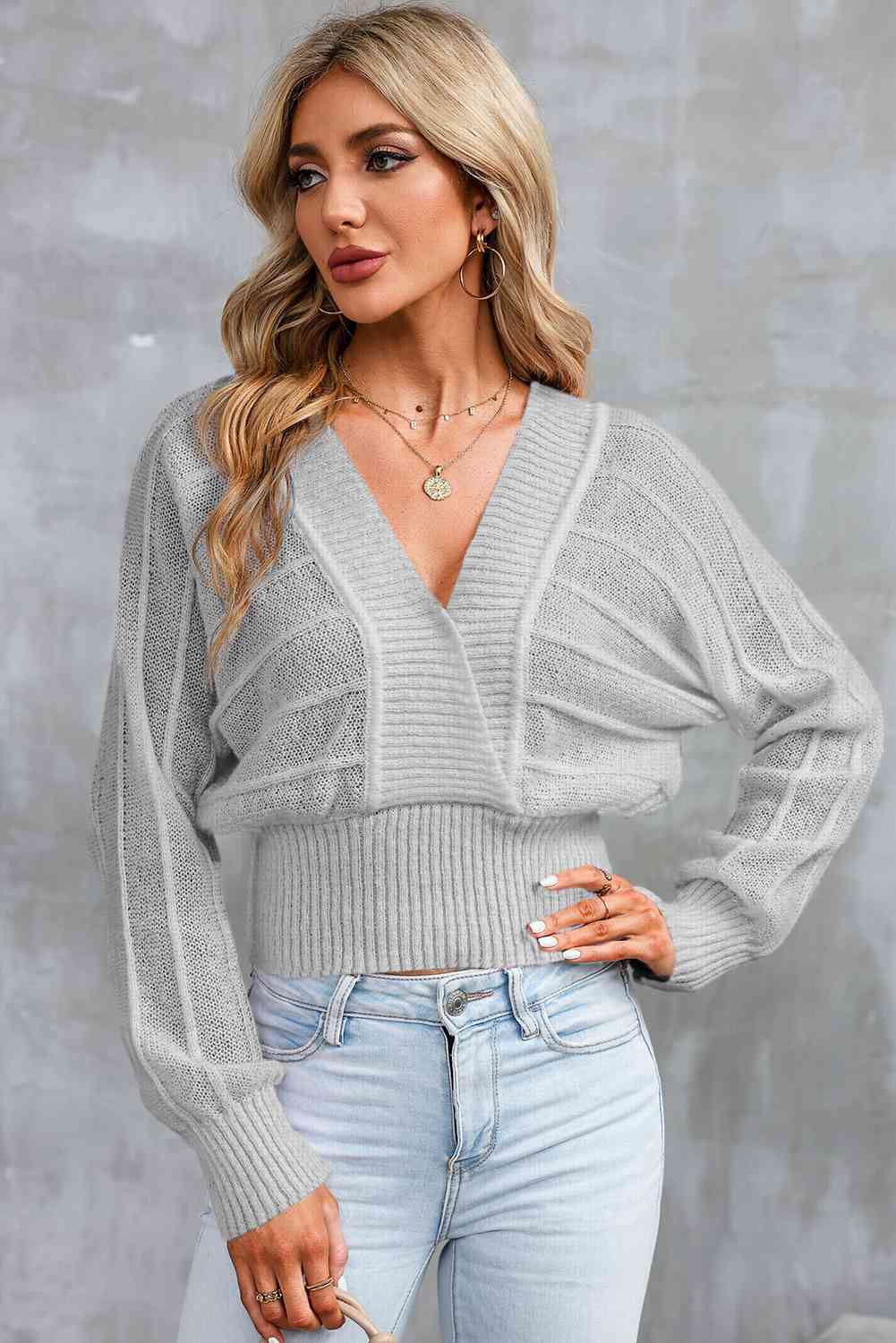 Surplice Neck Lace-Up Sweater - Deals DejaVu