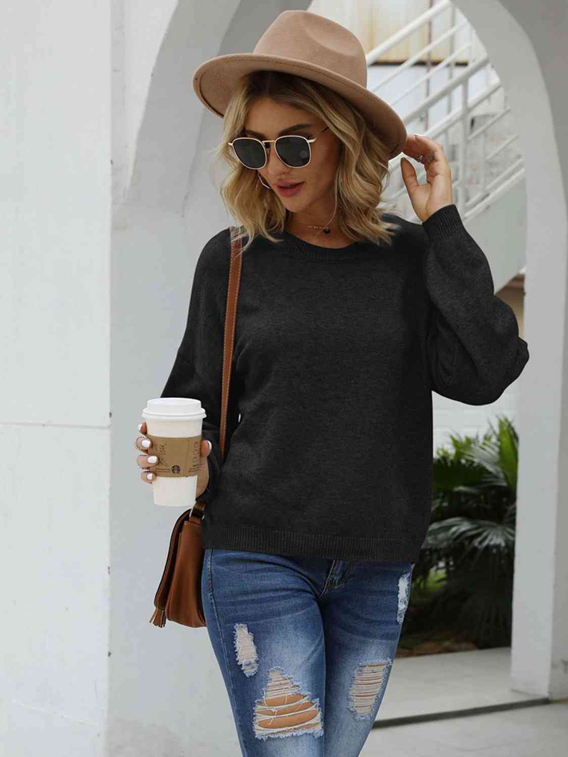 Round Neck Long Sleeve Sweater - Deals DejaVu