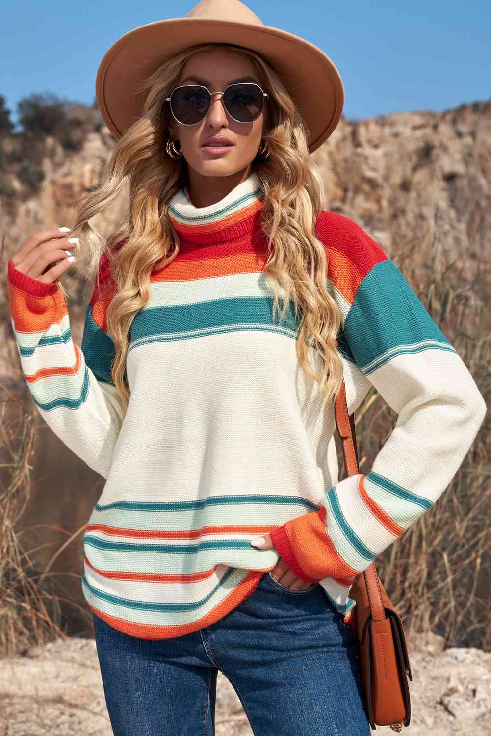 Woven Right Striped Turtleneck Drop Shoulder Sweater - Deals DejaVu