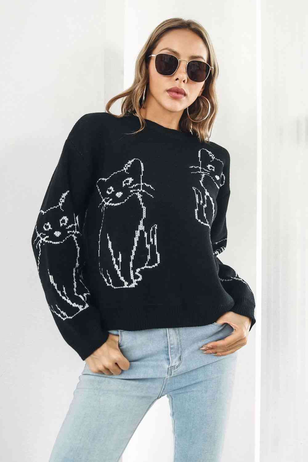 Cat Pattern Round Neck Long Sleeve Pullover Sweater - Deals DejaVu