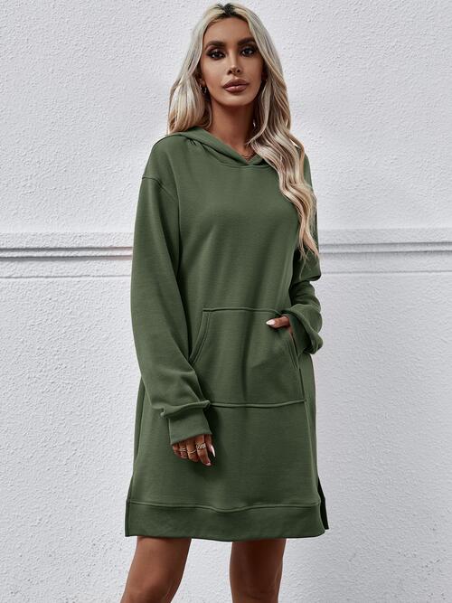 Slit Long Sleeve Hooded Dress with Pocket (MWBT) T - Deals DejaVu