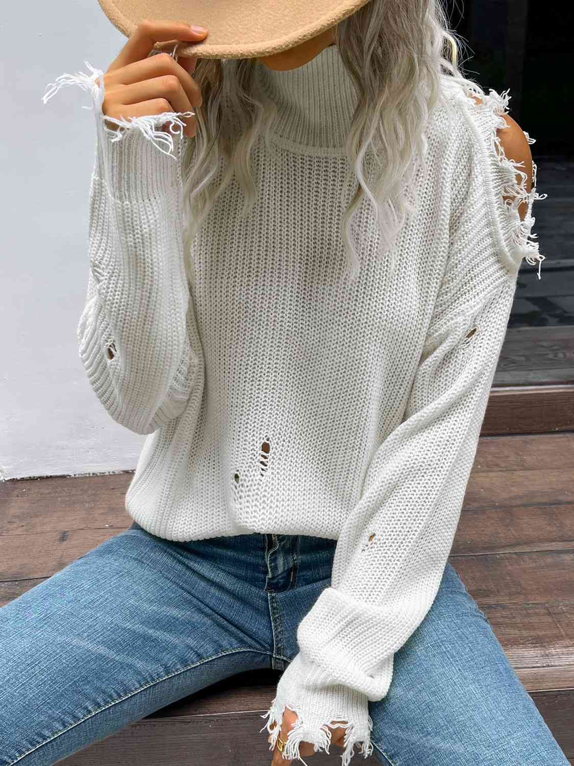 Distressed High Neck Cold-Shoulder Sweater - Deals DejaVu