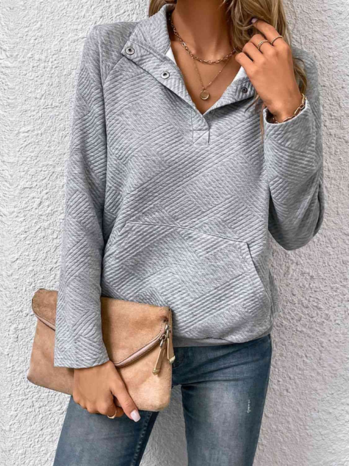 Half Buttoned Collared Neck Sweatshirt with Pocket (BFD) T - Deals DejaVu