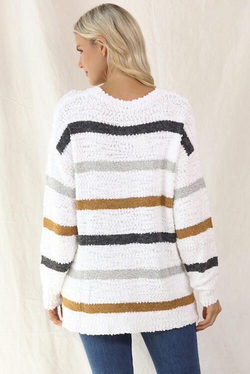 Striped Round Neck Long Sleeve Sweater - Deals DejaVu