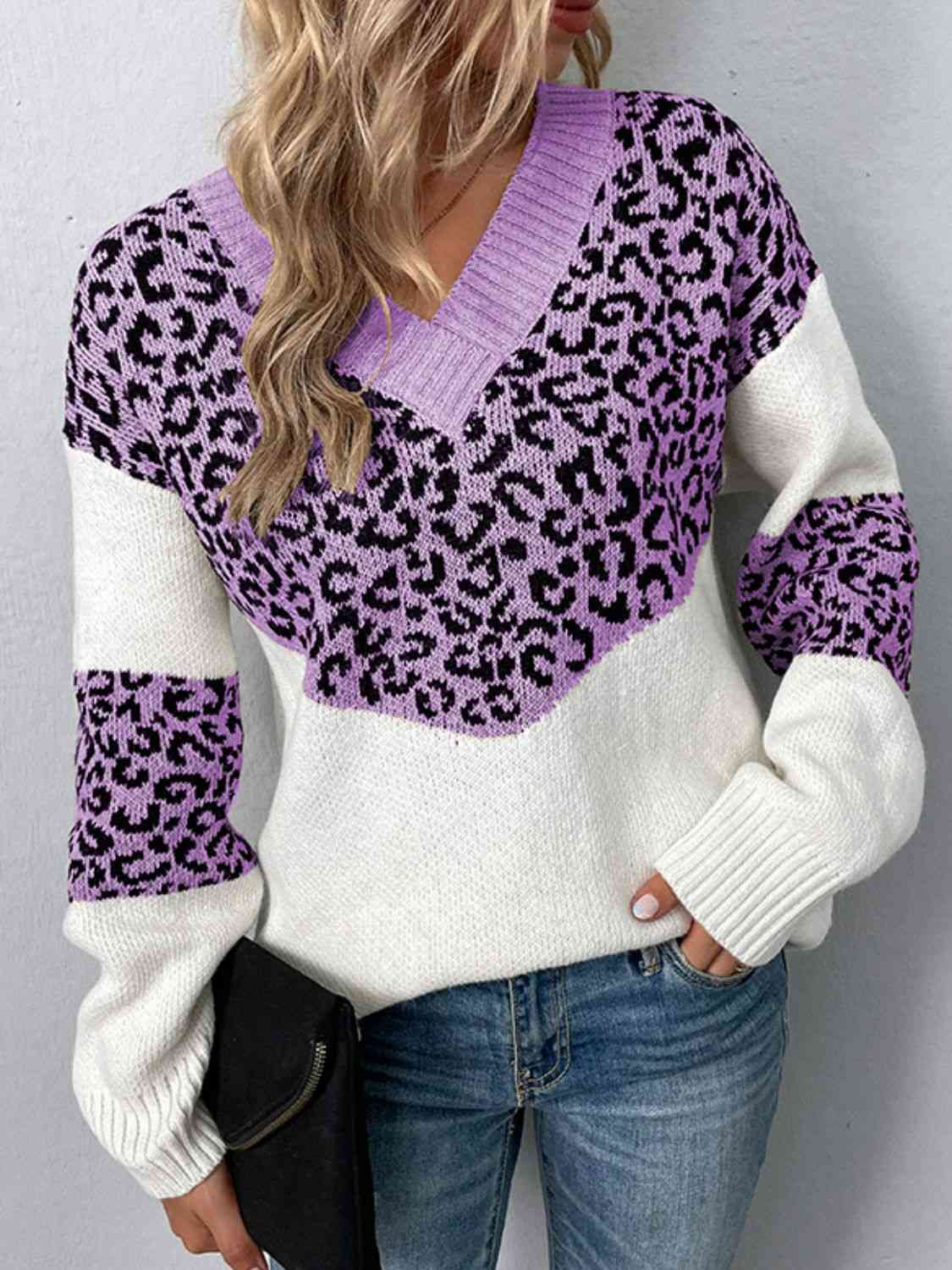 Leopard V-Neck Dropped Shoulder Sweater - Deals DejaVu