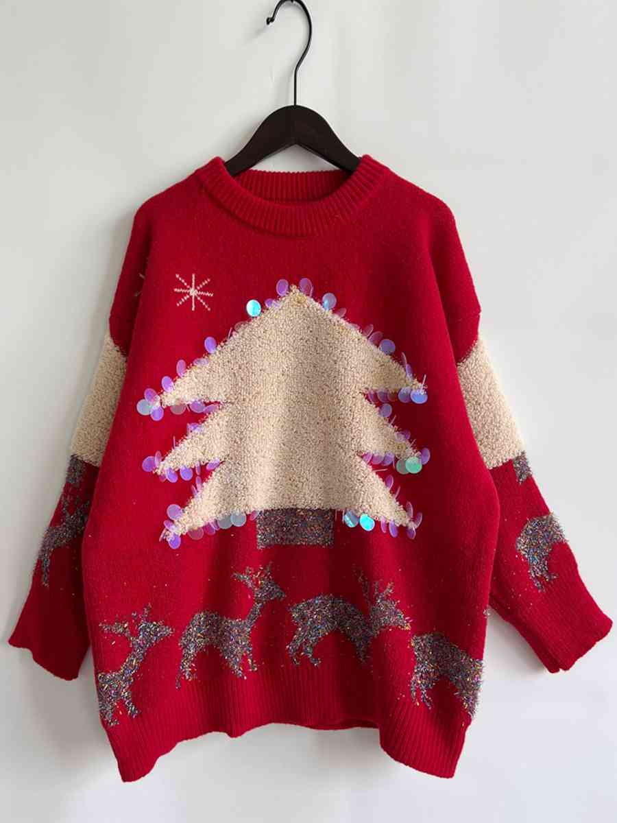Sequin Christmas Tree & Reindeer Round Neck Sweater - Deals DejaVu