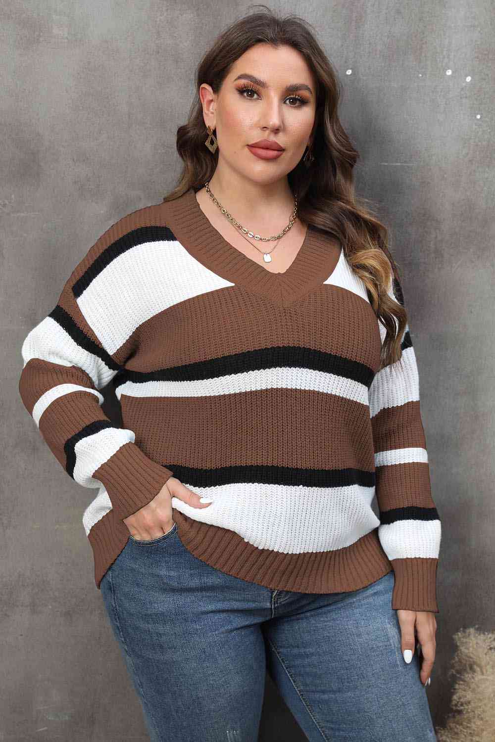 Plus Size Striped V-Neck Dropped Shoulder Sweater