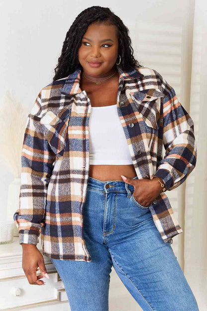 Double Take Plaid Button Front Shirt Jacket with Breast Pockets (BFD) T - Deals DejaVu