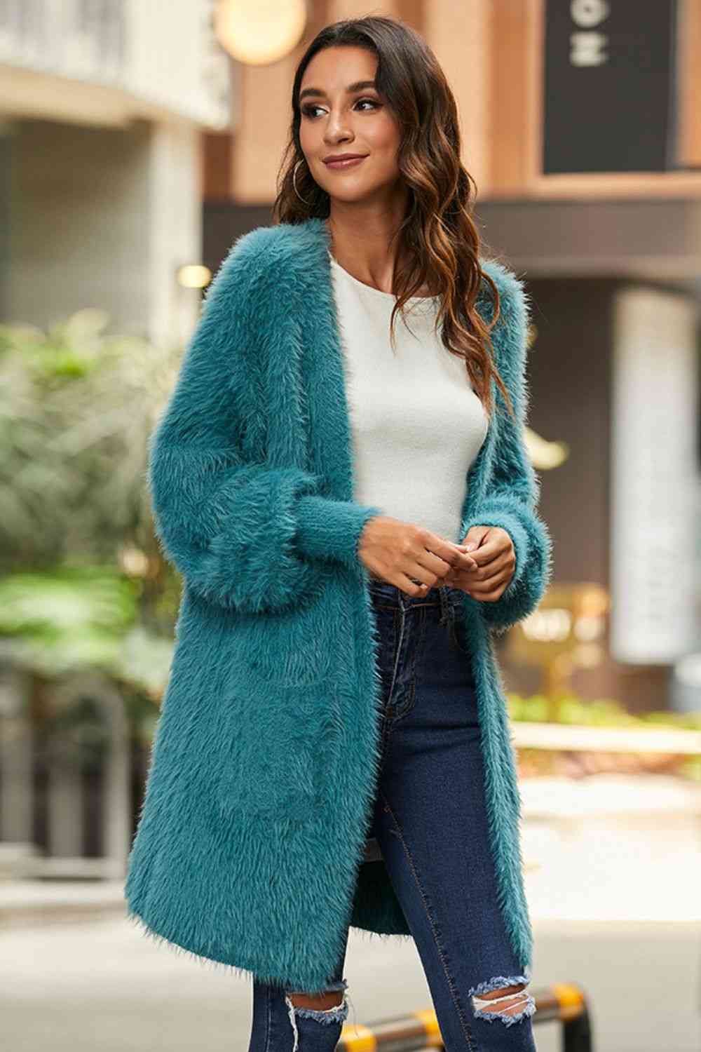 Open Front Fuzzy Cardigan with Pockets