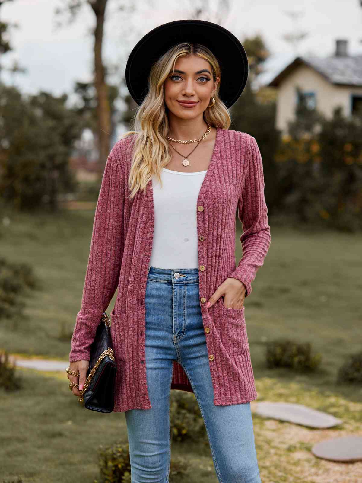 Ribbed Button-Up Cardigan with Pockets (BFD) T - Deals DejaVu